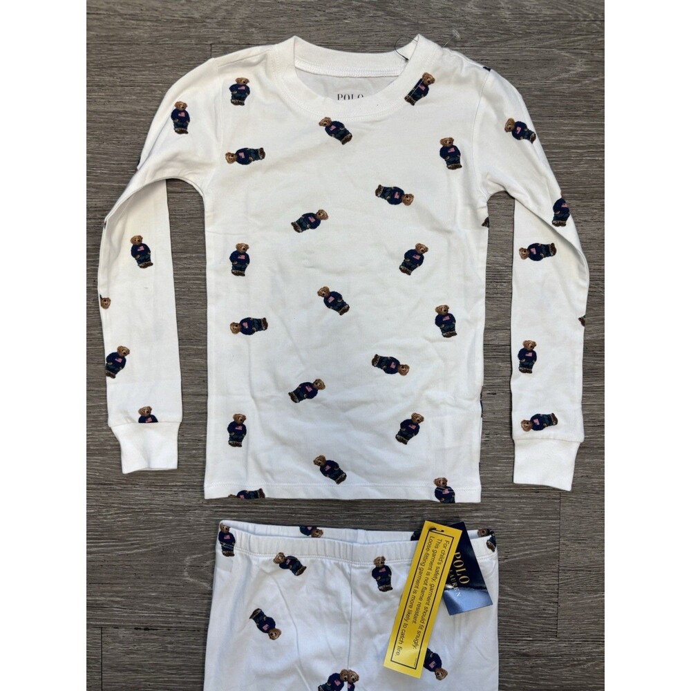 Polo Ralph Lauren Pajama Set All-over Polo Bear Print In White Size 8 NWT Kids